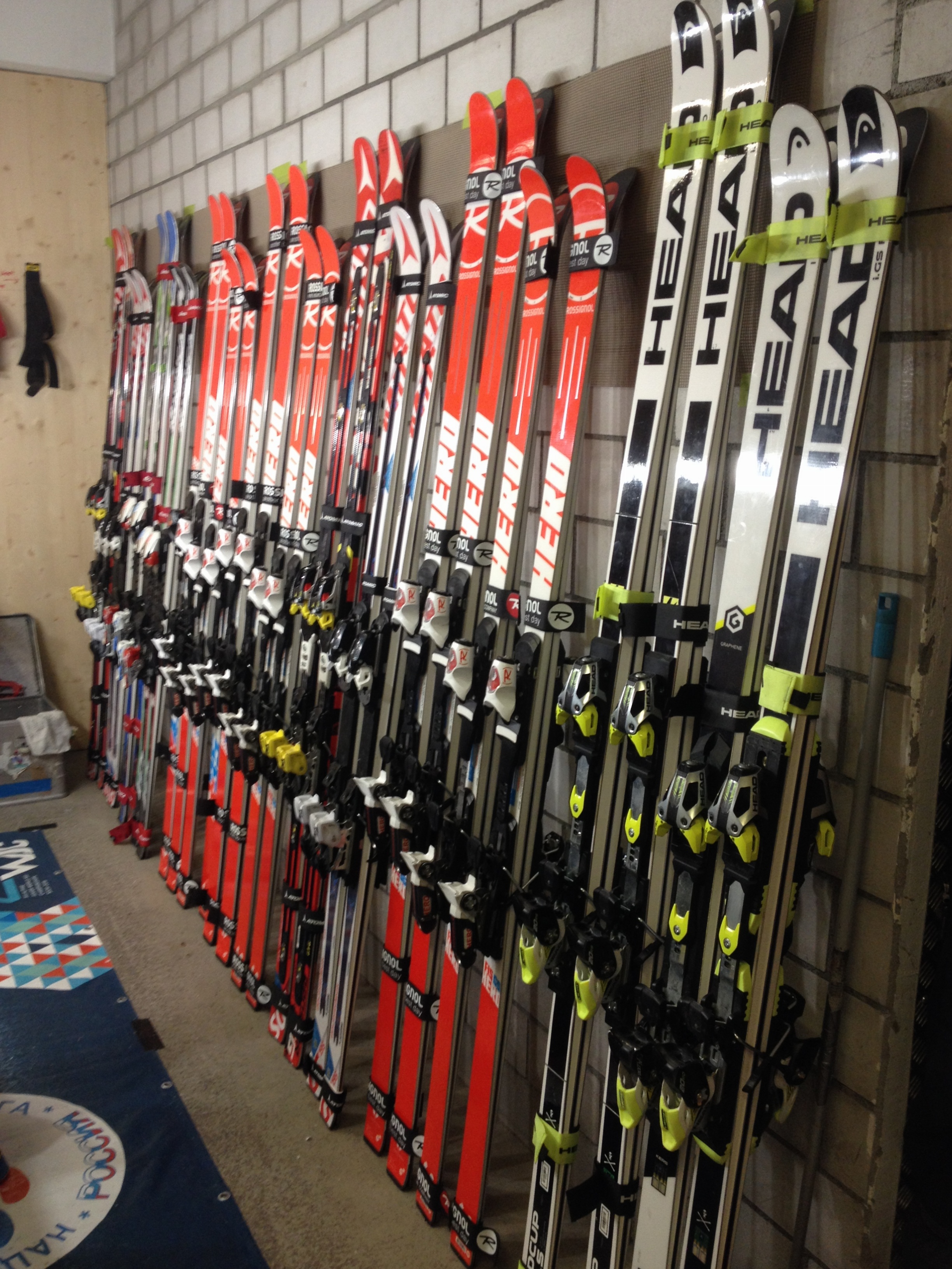 View of all the Super G and Giant Slalom skis used by the team.