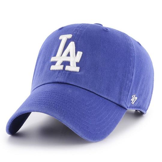 Bright faded blue baseball hat with a curved brim, six-panel construction, embroidered eyelets and contrast "LA" embroidery at the front for the Los Angeles Dodgers MLB team