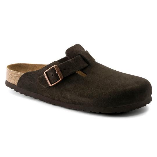 BIRKENSTOCK dark brown slip-on clogs with a metal buckled strap, contrast light brown cork footbed and a dark brown outsole