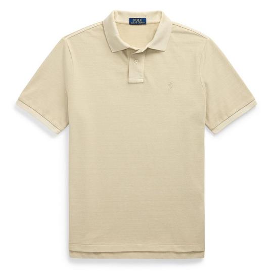neutral, tan-coloured short-sleeved polo from Polo Ralph Lauren with a tonal embroidered logo at the left chest and a classic pointed polo collar, short sleeves