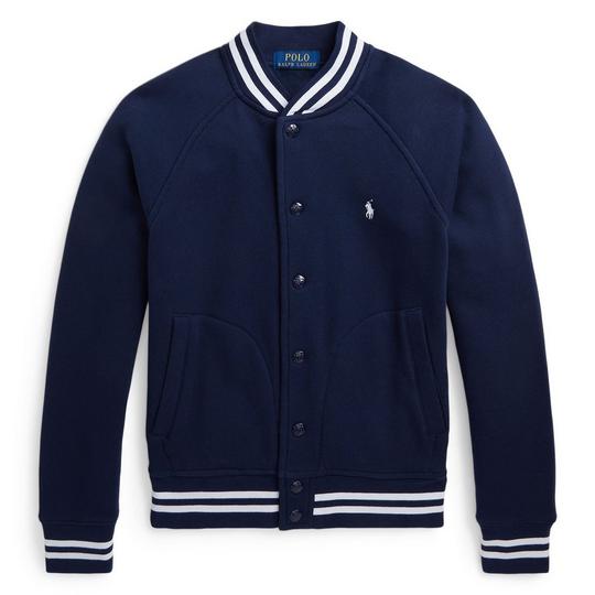 Dark navy/midnight blue Polo Ralph Lauren fleece bomber varsity jacket with a full-length front zipper, contrast white striped ribbed trim and an white embroidered Pony logo at the left chest