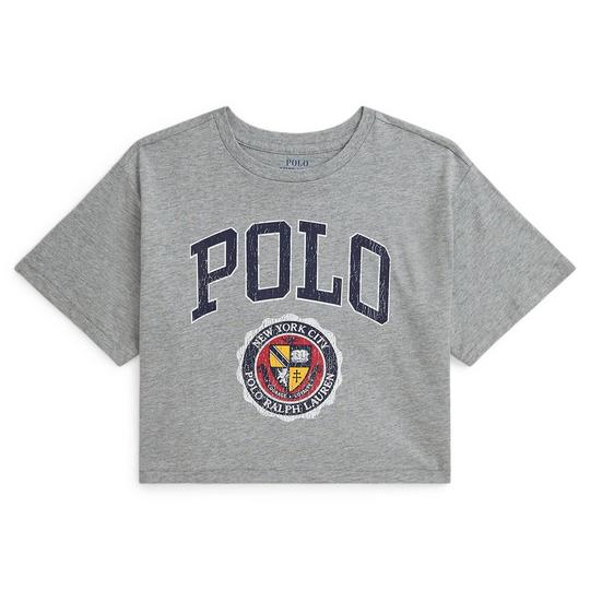 grey short-sleeved t-shirt from Polo Ralph Lauren with a cropped, straight-cut hemline, a ribbed crew neckline and printed blue/midnight "POLO" lettering across the chest with a collegiate-style crest motif