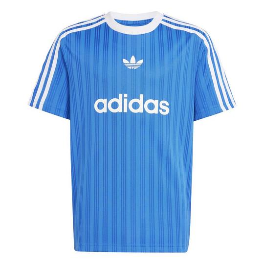 bright blue short-sleeved top  from adidas Originals with a soccer jersey look, a contrast white-trimmed crew neckline and contrast white 3-Stripes down each sleeve; tonal allover blue-on-blue striped design; small contrast white adidas Originals Trefoil logo below centre neckline; white contrast "adidas" lettering across the chest