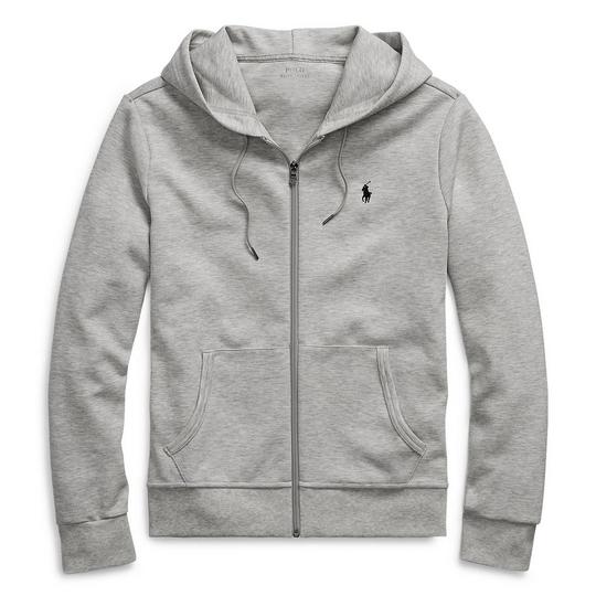 heather grey full-zip hoodie from Polo Ralph Lauren with a drawstring at the hood, tapered ribbed wrist cuffs and hemline; split kangaroo-style hand pockets; a small contrast dark blue/black embroidered Pony logo at the left chest