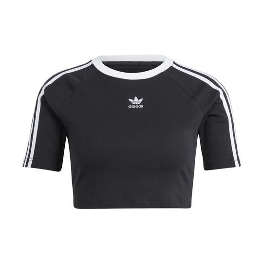 black cropped short-sleeved baby tee from adidas Originals with a contrast white-trimmed crew neckline and contrast white 3-Stripes down each sleeve; small contrast white adidas Originals Trefoil logo below centre neckline; follows back to school fashion trends