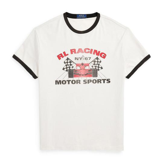 white ringer-style t-shirt from Polo Ralph Lauren with contrast black trim at the crew neckline and short sleeves; straight hemline and a printed graphic at the chest with red "RL RACING" lettering above a race car and racing flags motif with black "MOTOR SPORTS" lettering underneath