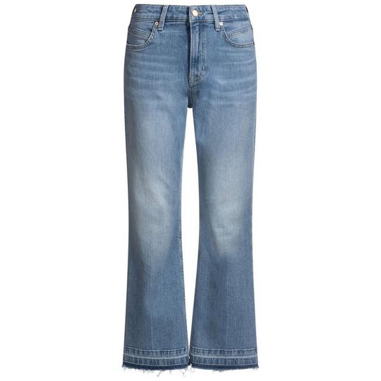 Hugo Boss women's mid-blue jeans with light faded details at the thighs and knees; a straight fit that flares out slightly towards the ankles; with darker denim trim at the hem and raw edge detail; follows back to school fashion trends