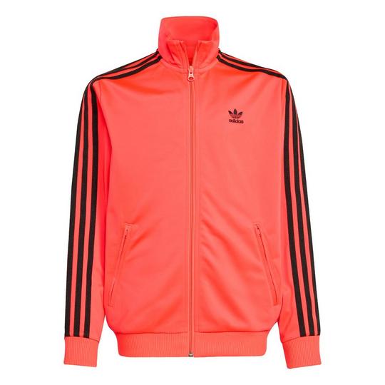 bright orange-red track jacket from adidas Originals with a stand collar, banded ribbed trim at the cuffs and hem and full-length front zipper; contrast black 3-Stripes down each sleeve and a contrast black adidas Originals Trefoil logo at the left chest