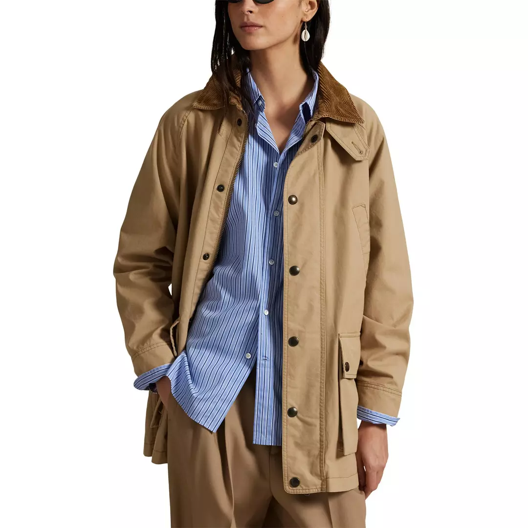khaki button-front chore coat from Ralph Lauren with dark brown collar