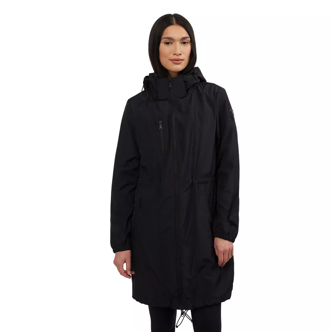 long black hooded raincoat worn