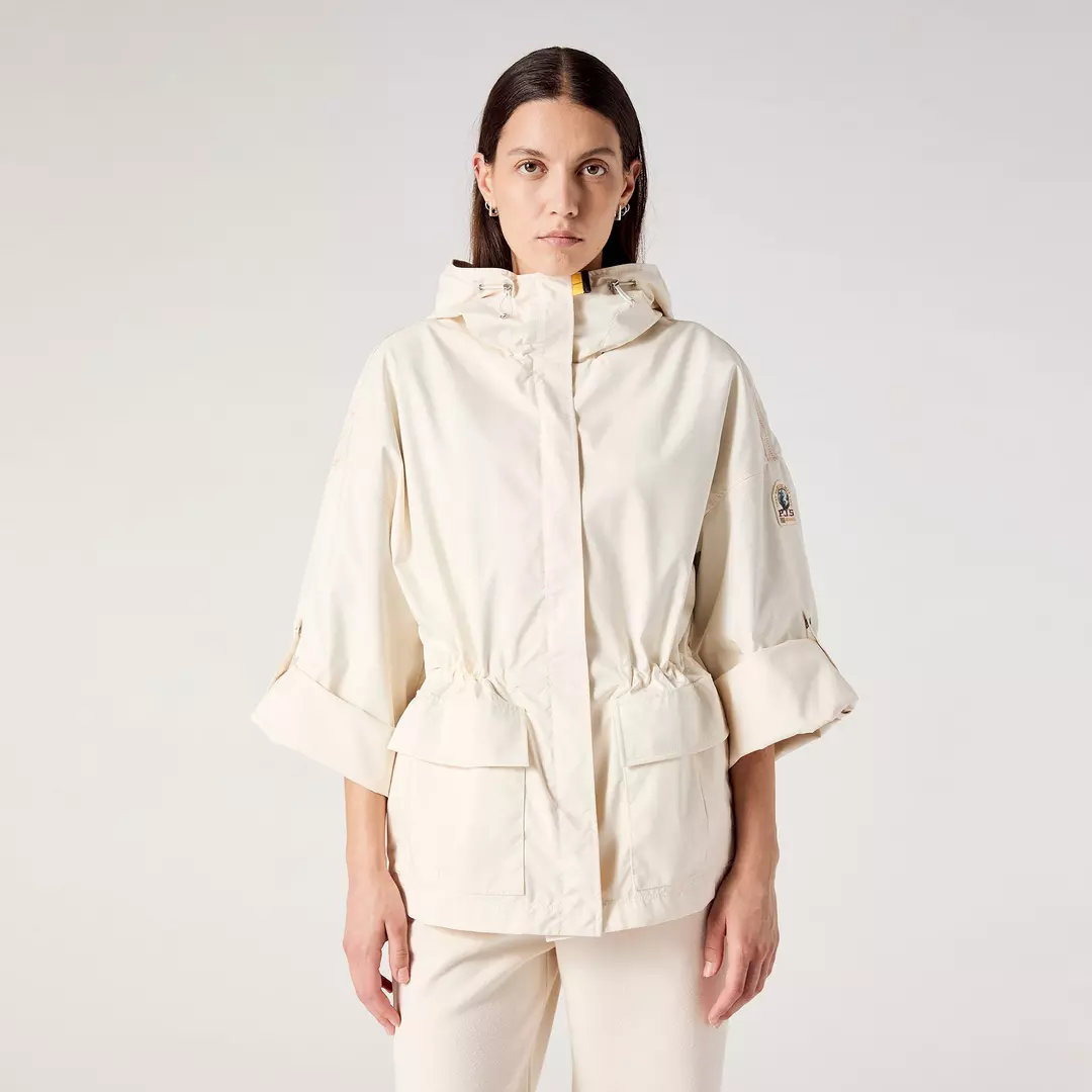 off-white hooded Prajumpers jacket with oversized roll-up sleeves